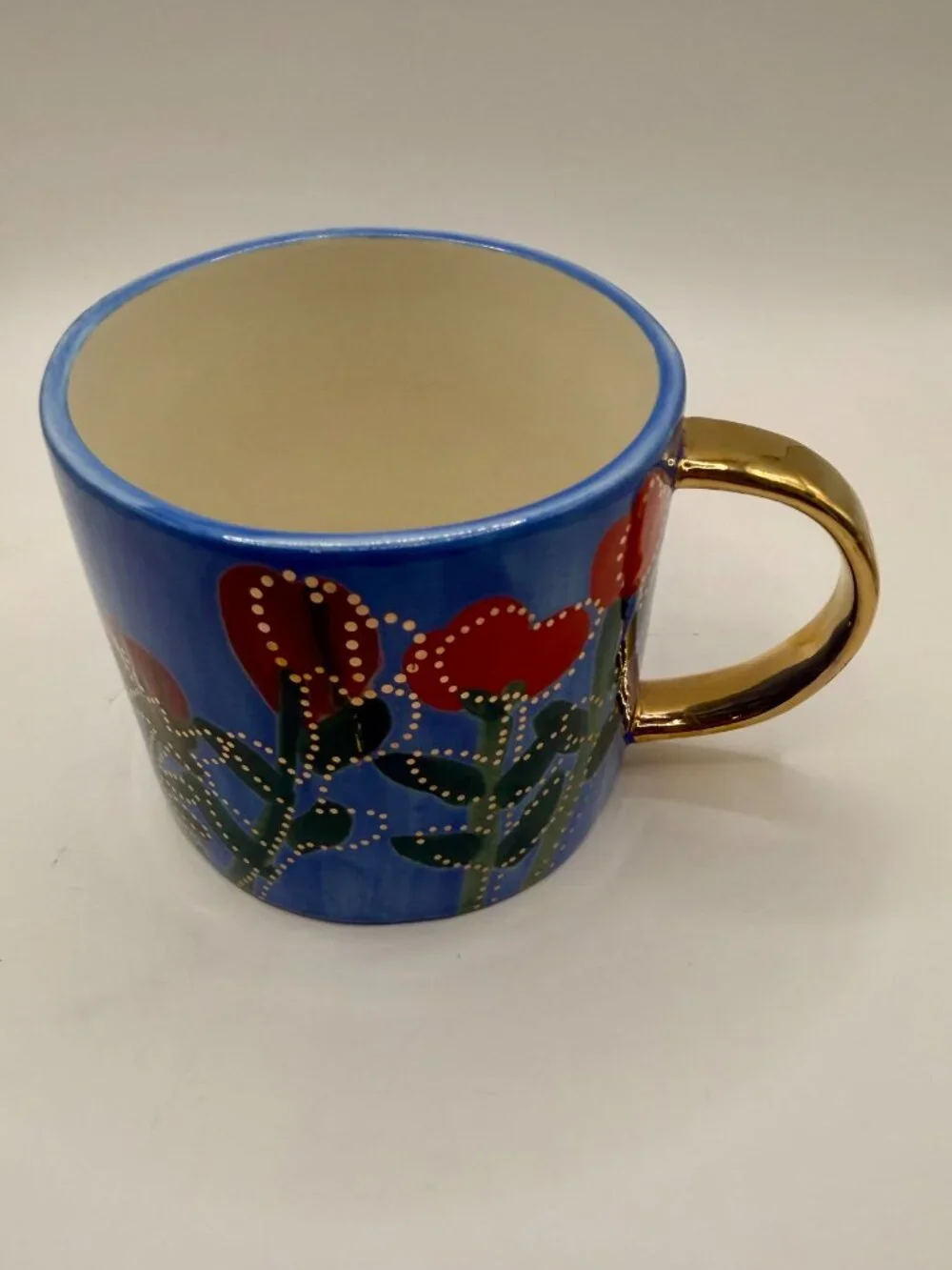 Francesca Kaye Anthropologie Floral Atelier Mug Gold Handle Blue Red Flower Cup